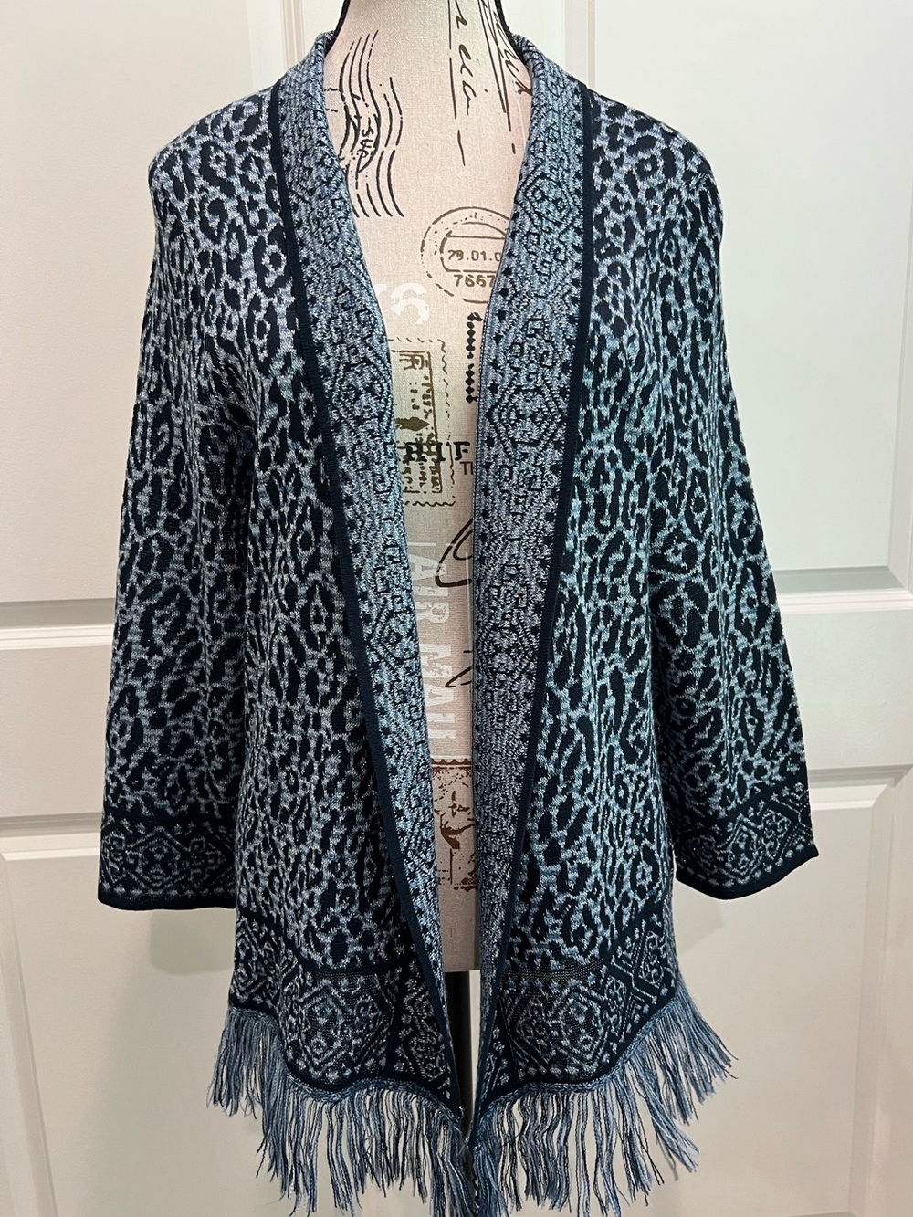 Ruby Rd. Black/Light Blue Patterned Fringe Open-Front Cardigan, XL